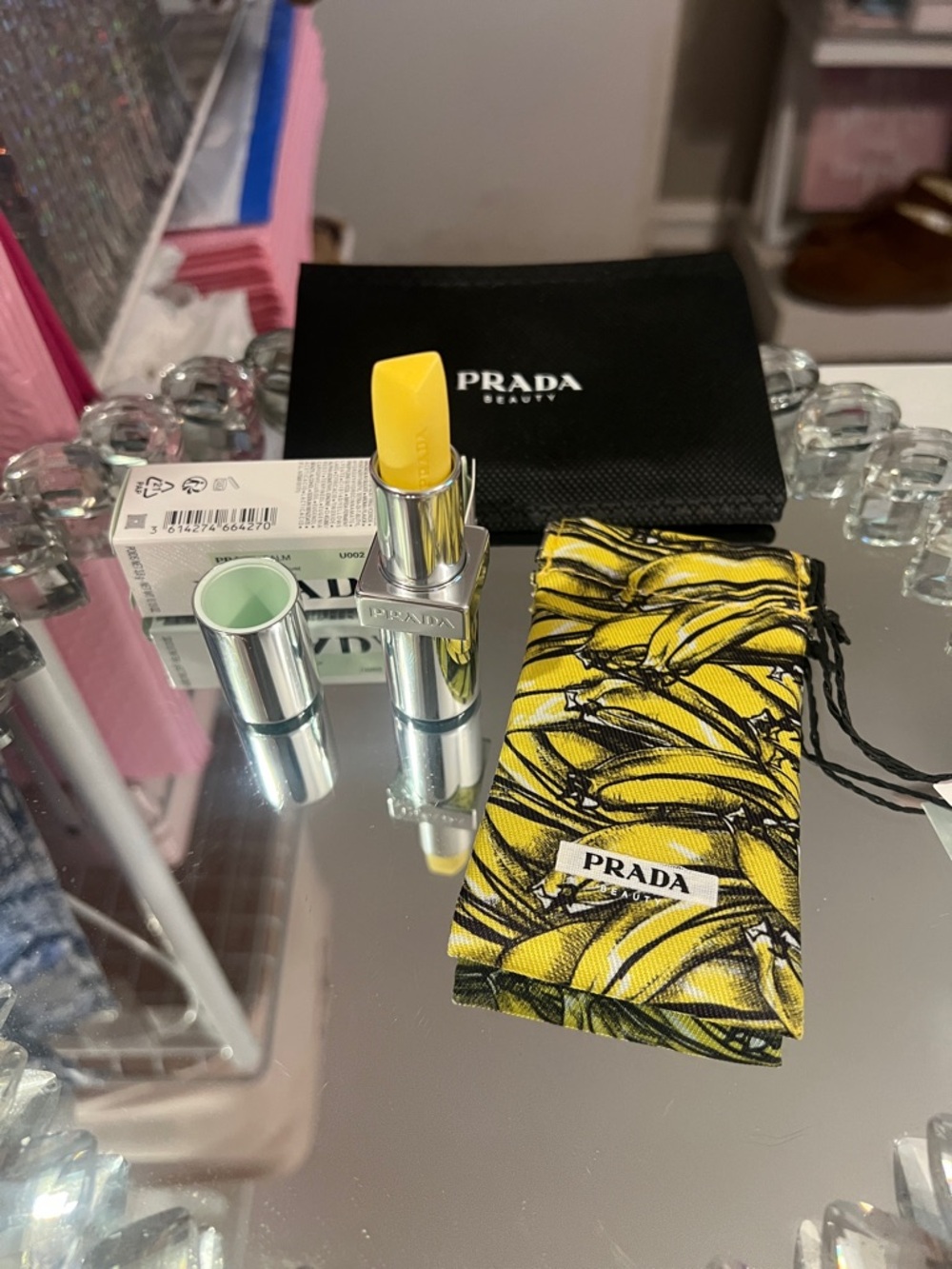 Prada Beauty Yellow Banana Print Pouch and Full Size Lip Balm